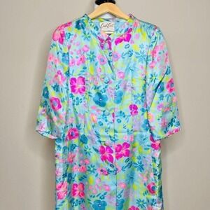 Vintage Floral Trench Coat Overcoat Blue Pink Psychedelic Mod 60s Mid Length
